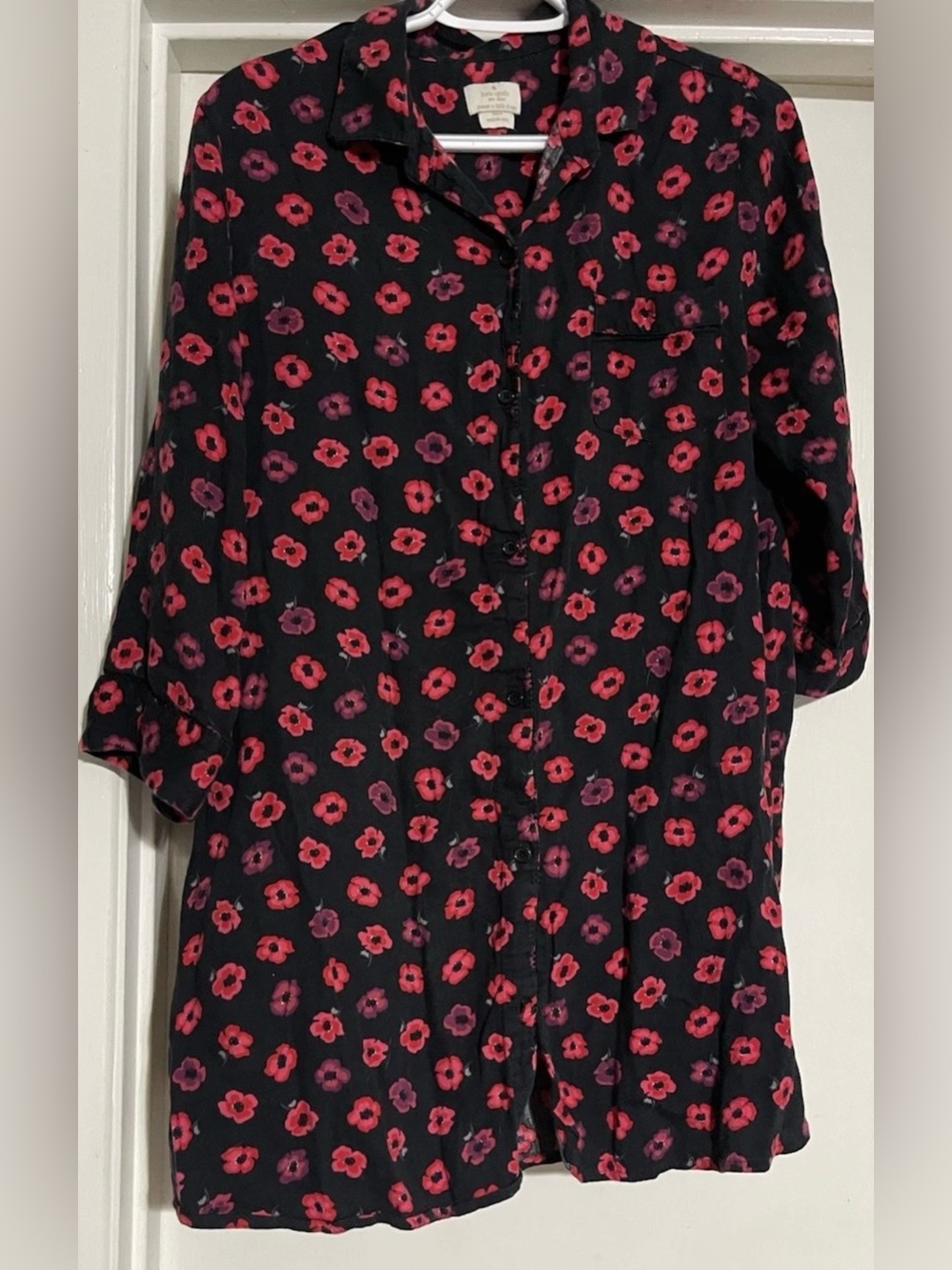 Kate Spade Women's Button Front Poppy Floral Sleep Shirt Black Red Size Medium